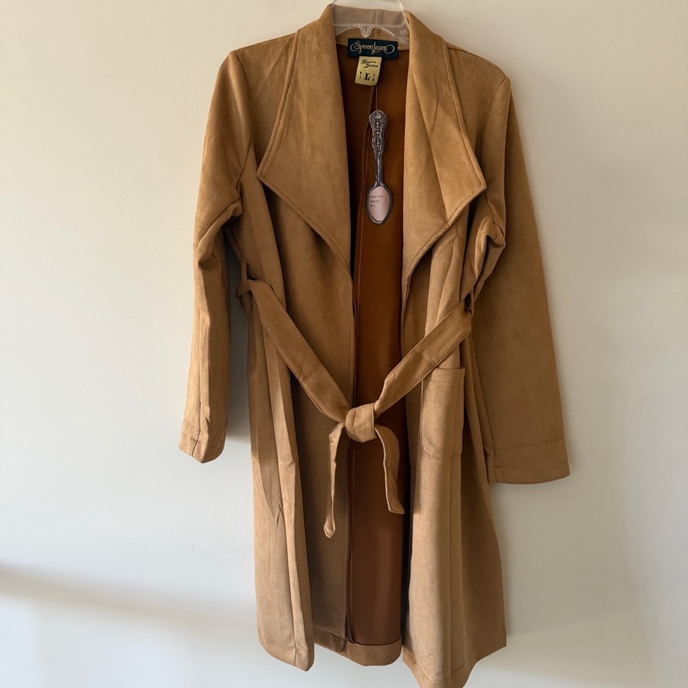 Tan Faux Suede Collar Belted Front Pocket Trench Coat - Picture 3 of 11